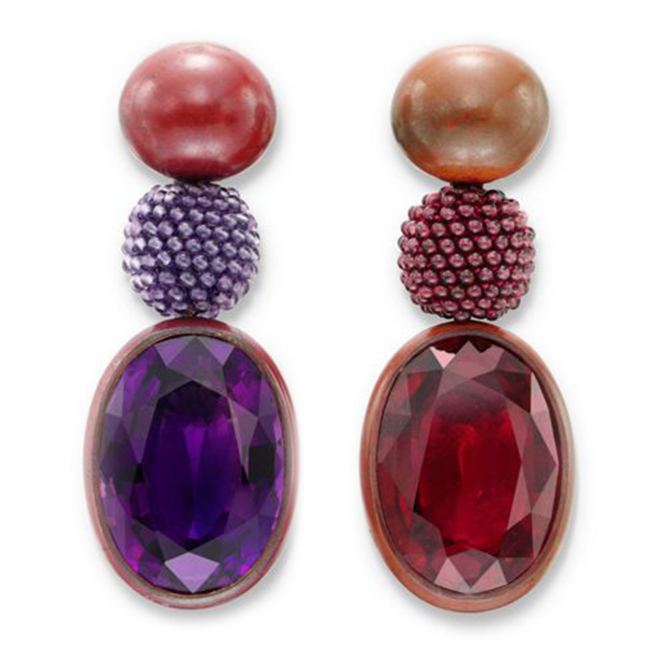 A Pair of Tourmaline and Amethyst Ear Pendants, by Hemmerle