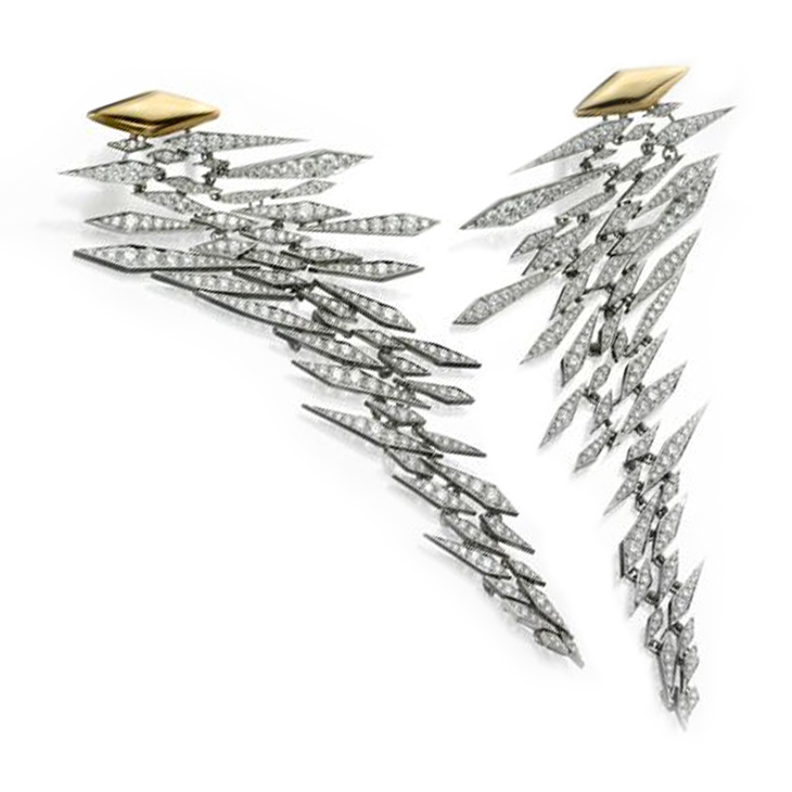 A Pair of Diamond, Gold and Platinum Ear Pendants, by SABBA