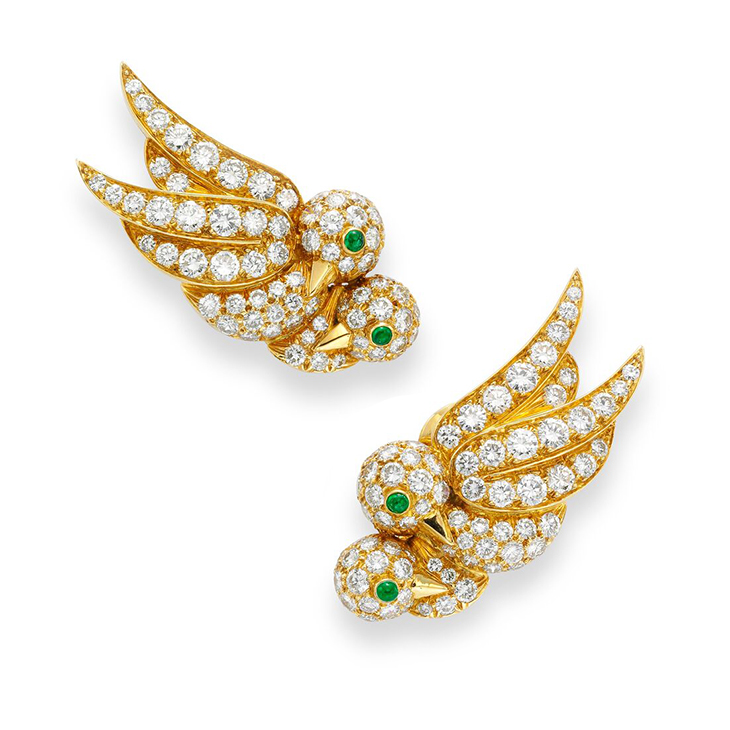 A Pair of Emerald and Diamond Bird Ear Clips, by Van Cleef & Arpels, circa 1970