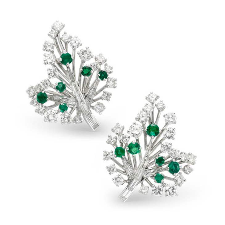 Emerald and Diamond Leaf Ear Clips, by Cartier, circa 1945