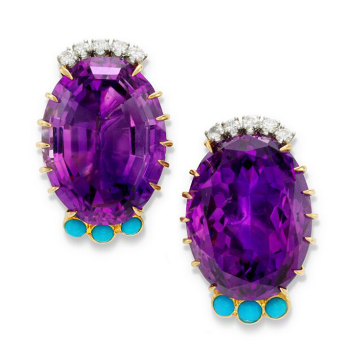 Amethyst, Turquoise and Diamond Ear Clips, by Cartier, circa 1950