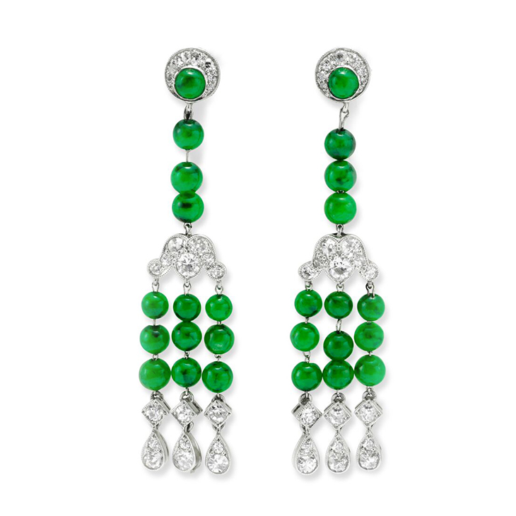 A Pair of Art Deco Jade and Diamond Ear Pendants, by Cartier, circa 1925
