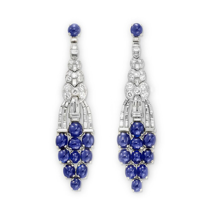 A Pair of Art Deco Sapphire and Diamond Ear Pendants, circa 1925
