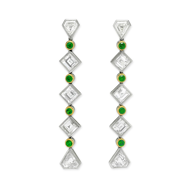 A Pair of Early 20th Century Demantoid Garnet and Diamond Ear Pendants