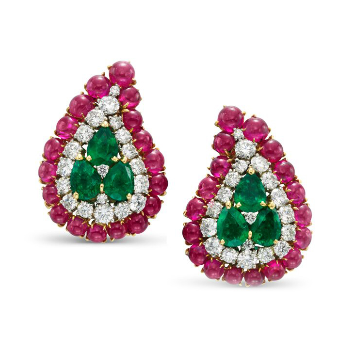A Pair of Cabochon Ruby, Emerald and Diamond Ear Clips, by Bulgari, circa 1960