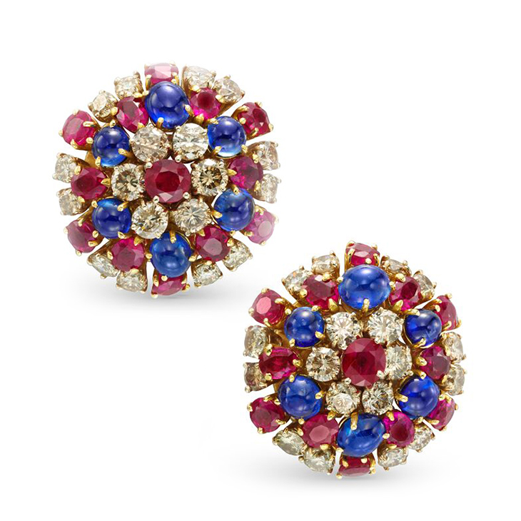A Pair of Sapphire, Ruby and Diamond Ear Clips, by Bulgari, circa 1960