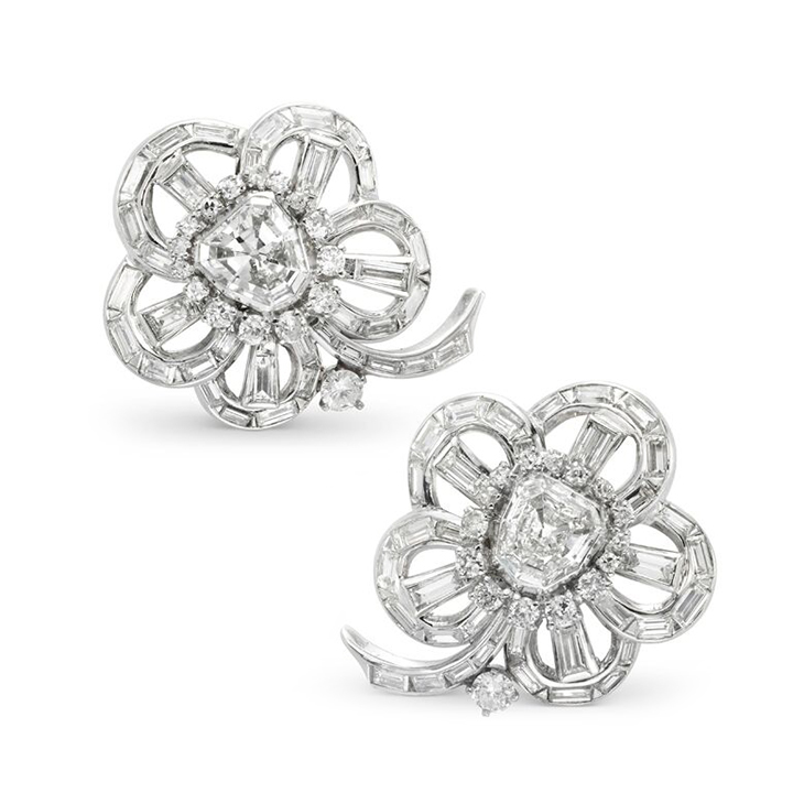 A Pair of Vari-cut Diamond Cluster Ear Clips