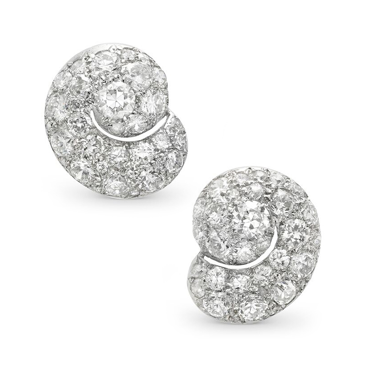 A Pair of Diamond Creole Shaped Ear Clips, circa 1940