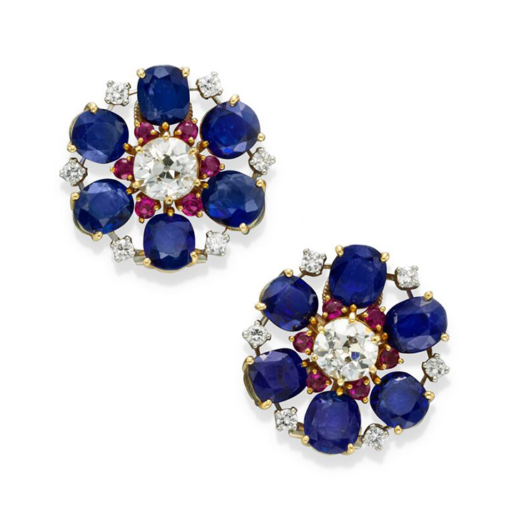 A Pair of Sapphire, Ruby and Diamond Cluster Ear Clips