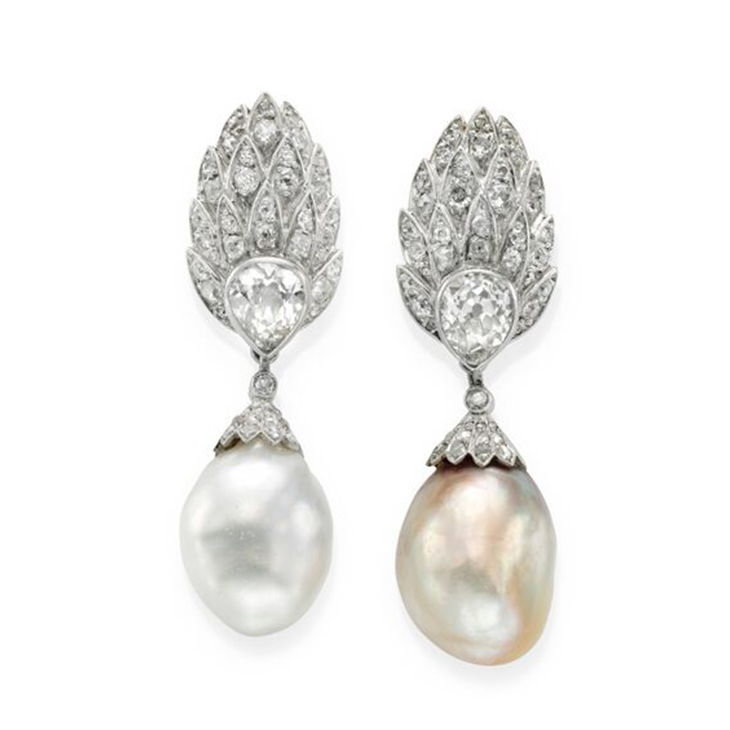 A Pair of Natural Pearl and Diamond Ear Pendants, circa 1935