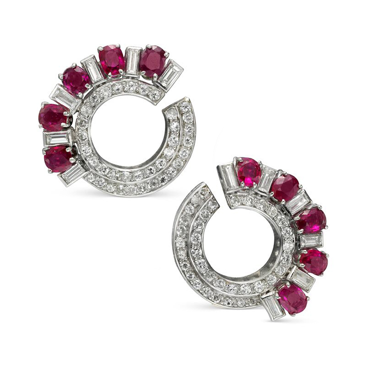 A Pair of Ruby and Diamond Crescent Shaped Ear Clips, circa 1930