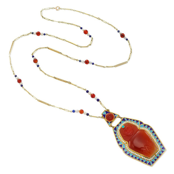 An Egyptian Revival Multi-gem and Gold Necklace, circa 1900