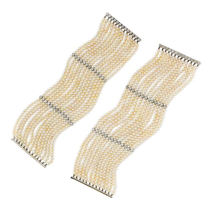 A Pair of Natural Pearl and Diamond Bracelets, circa 1910