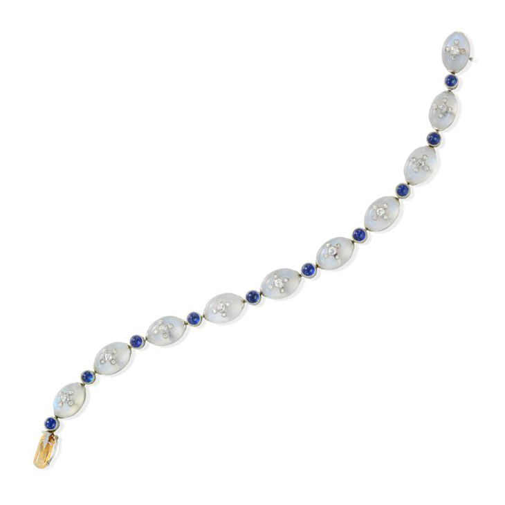 A Belle Epoque Moonstone, Sapphire and Diamond Line Bracelet, circa 1910