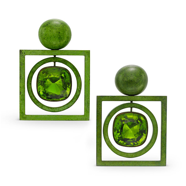 A Pair of Peridot and Patinated Gold Ear Pendants, by Hemmerle