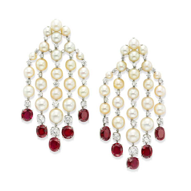 A Pair of Natural Pearl, Ruby and Diamond Ear Pendants, by SABBA
