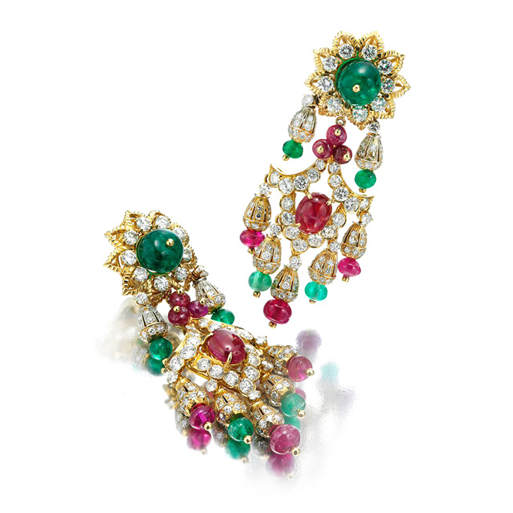 A Pair of Emerald, Ruby and Diamond Ear Pendants, by Van Cleef & Arpels, circa 1970