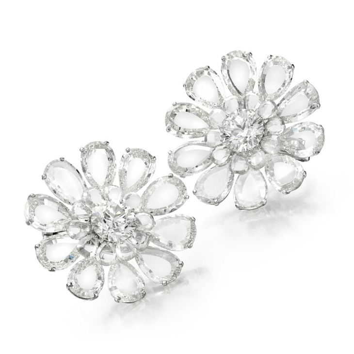 A Pair of Diamond 'Flower' Ear Clips, of approximately 35.00 carats, by BHAGAT