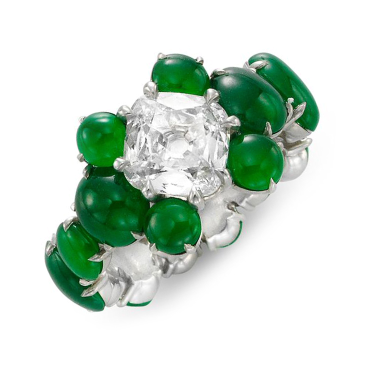 A Jadeite and Diamond Ring, centering on a cushion-cut diamond weighing 1.19 carats, by SABBA