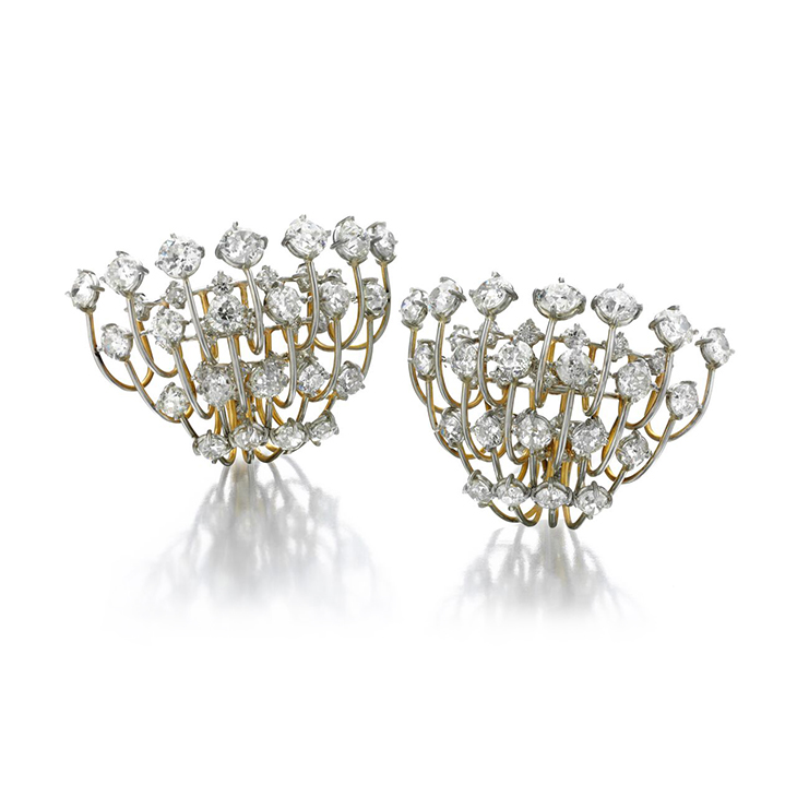 A Pair of Old European-cut Diamond Cluster Ear Clips, of 23.00 carats, by SABBA