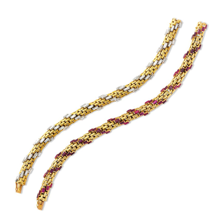 A Pair of Baguette-cut Diamond and Ruby Bracelets, circa 1960