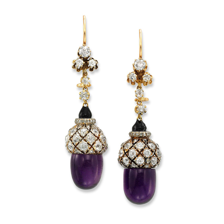 An Antique Pair of Amethyst and Diamond 'Acorn' Ear Pendants, circa 1900