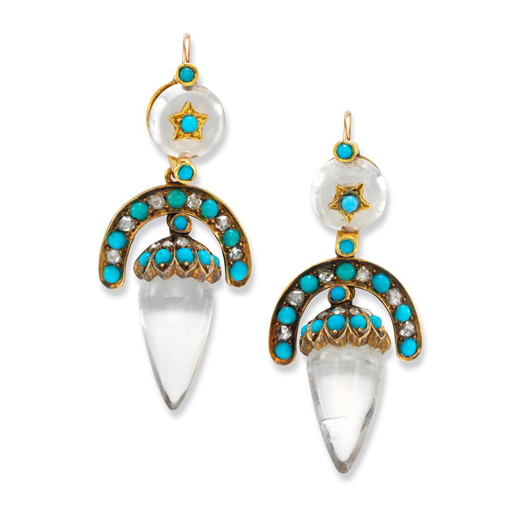 An Antique Pair of Rock Crystal, Turquoise and Diamond Ear Pendants, circa 1880