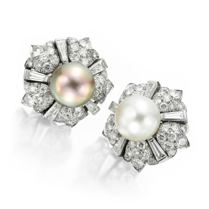 A Pair of Natural Pearl and Diamond Ear Clips, circa 1950