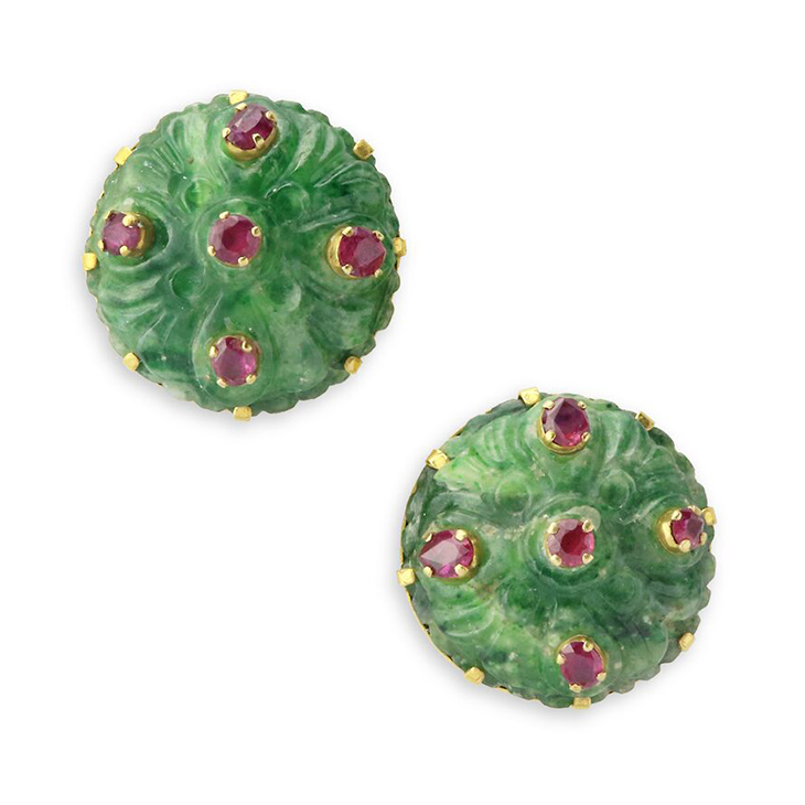 A Pair of Early 20th Century Carved Jade and Ruby Stud Earrings