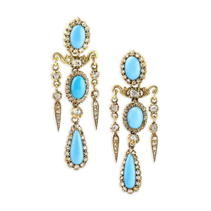 A Pair of late 19th Century Turquoise and Diamond Ear Pendants