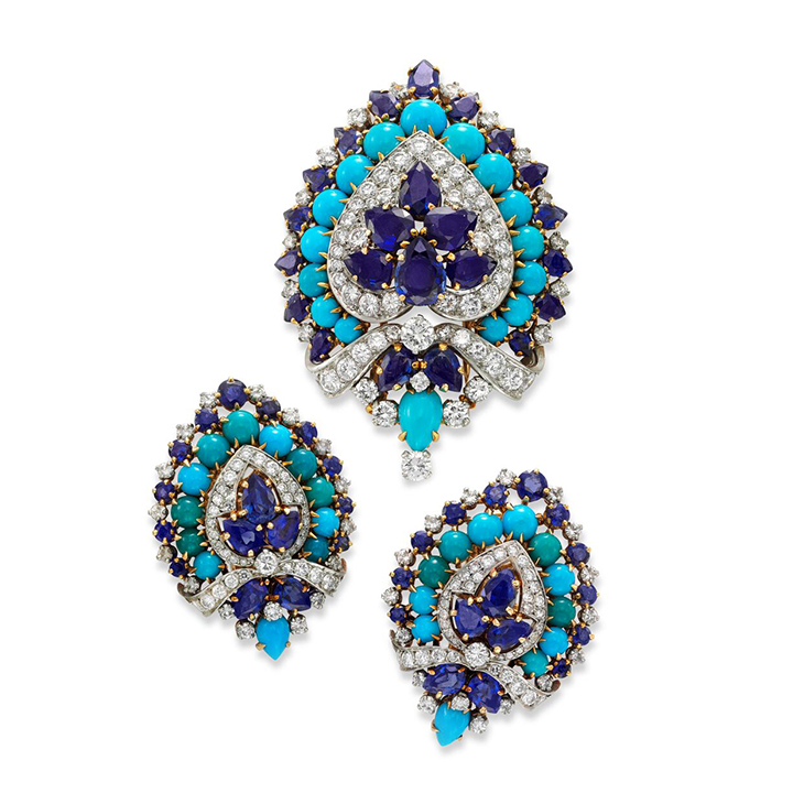 A Pair of Sapphire, Turquoise and Diamond Ear Clips
