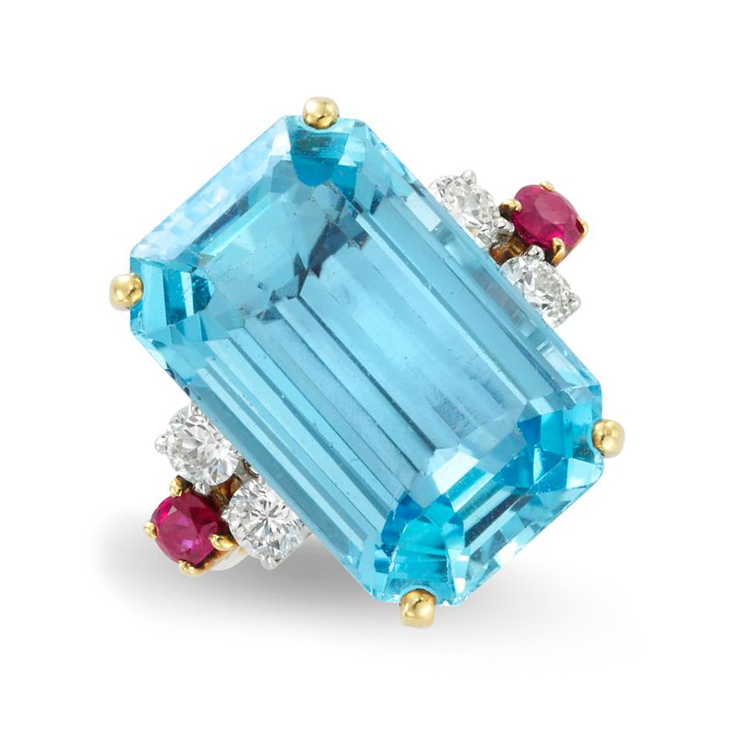 A Retro Aquamarine, Ruby and Diamond Ring, by Cartier, circa 1940
