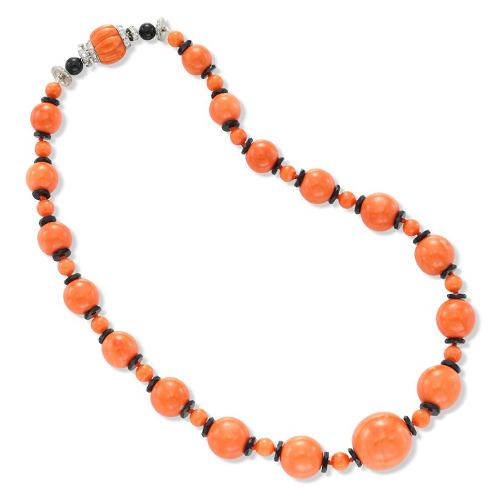 A Coral, Onyx and Diamond Bead Necklace, attributed to Cartier, circa 1935