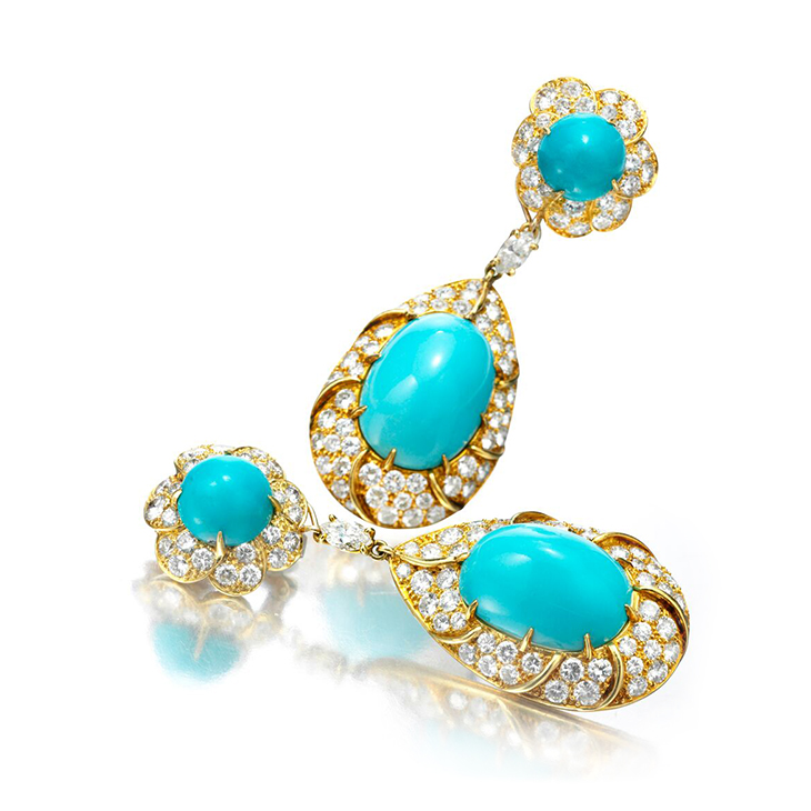 A Pair of Turquoise and Diamond Ear Pendants, by Cartier, circa 1975