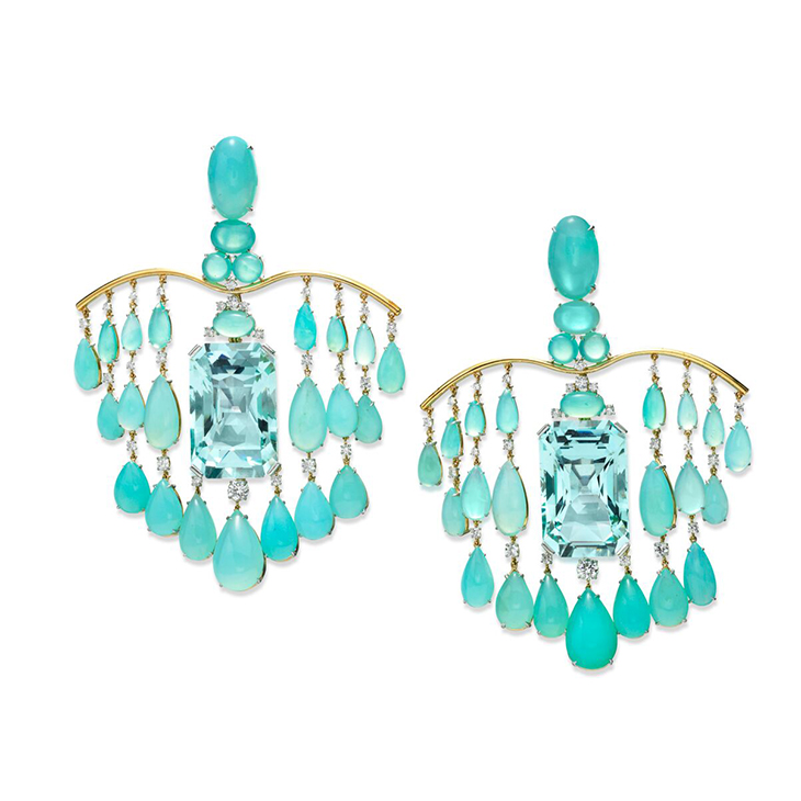 A Pair of Aquamarine and Peruvian Opal Ear Pendants, by SABBA