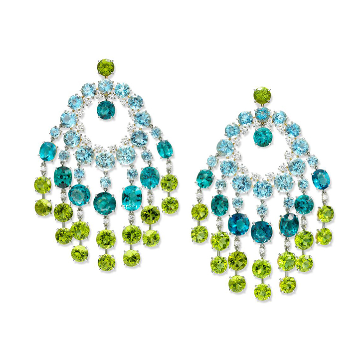 A Pair of Tourmaline, Aquamarine and Peridot Ear Pendants, by SABBA