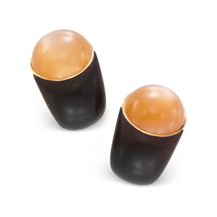A Pair of Moonstone and Wood Ear Clips, by Hemmerle