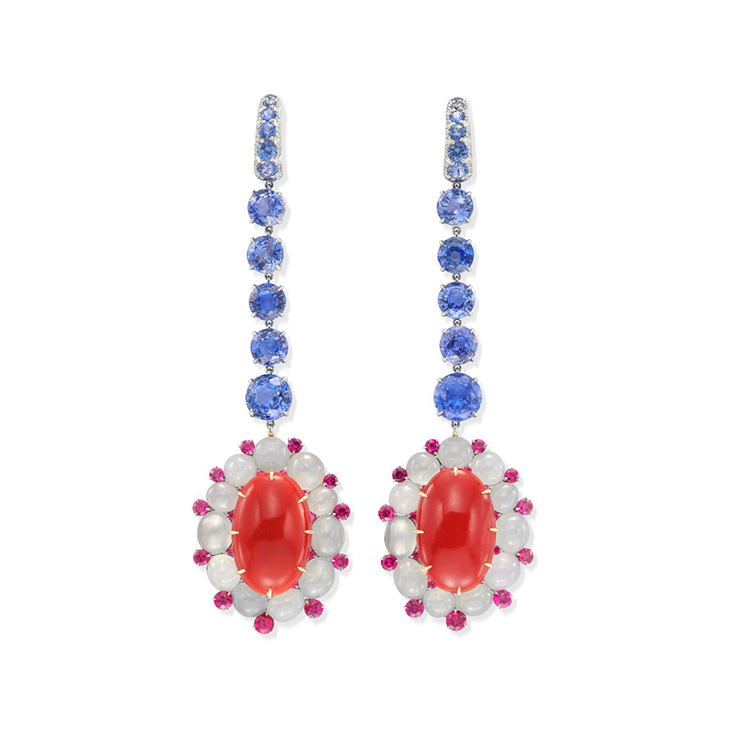 A Pair of Coral, Sapphire and White Jade Ear Pendants, by SABBA