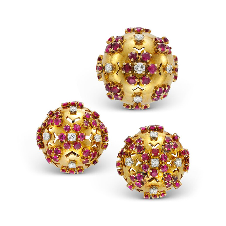 A Pair of Retro Ruby and Diamond Ear Clips, with ring en suite, by Van Cleef & Arpels, circa 1945