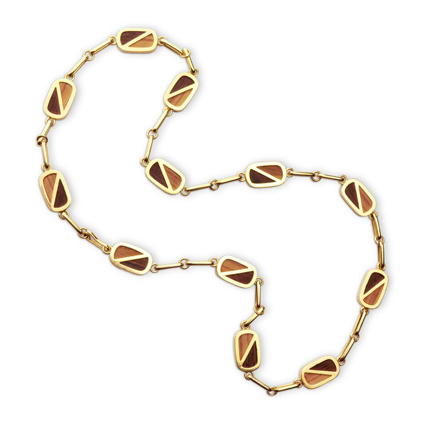 A Wood and Gold Long Chain Necklace, by Bulgari, circa 1970