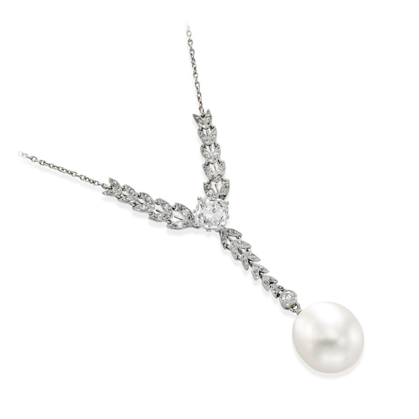 An Edwardian Natural Pearl and Diamond Pendant Necklace, circa 1905
