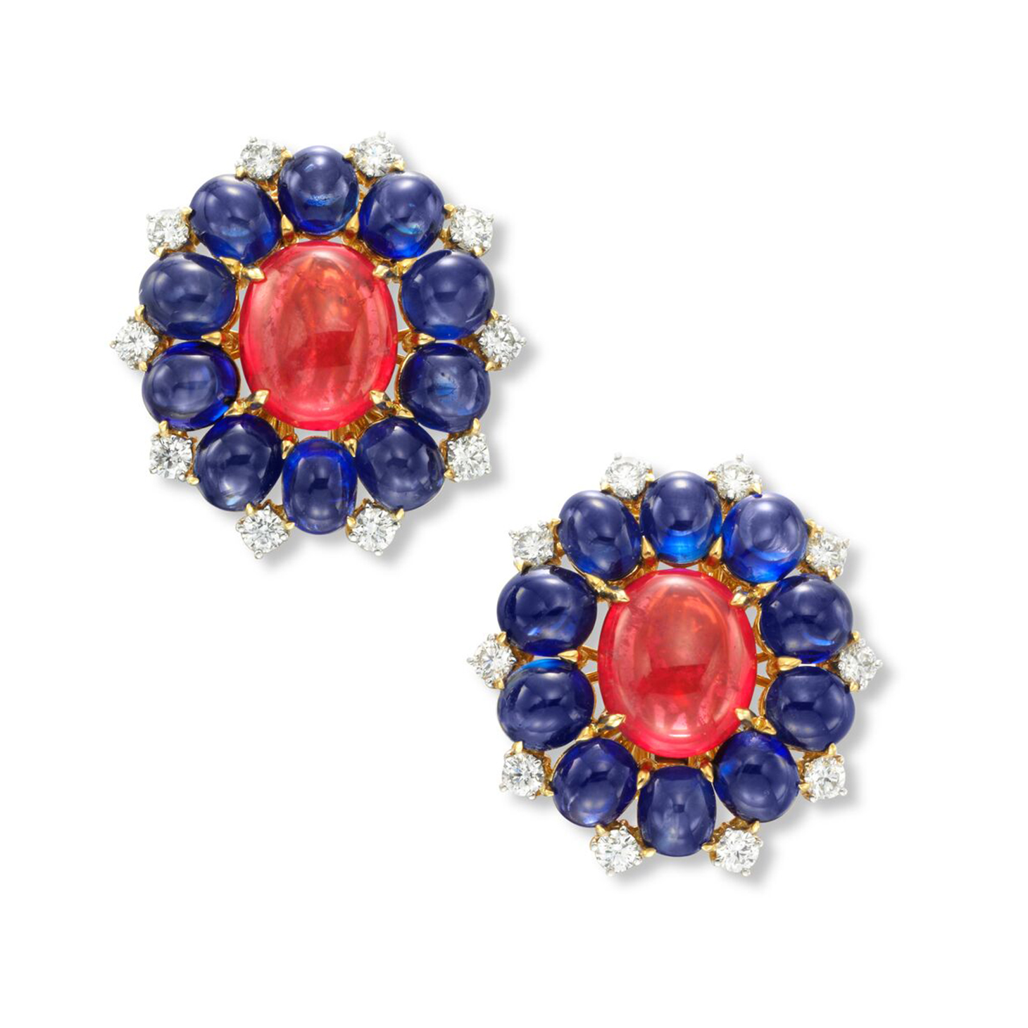 A Pair of Spinel, Sapphire and Diamond Ear Clips, by Bulgari, circa 1960