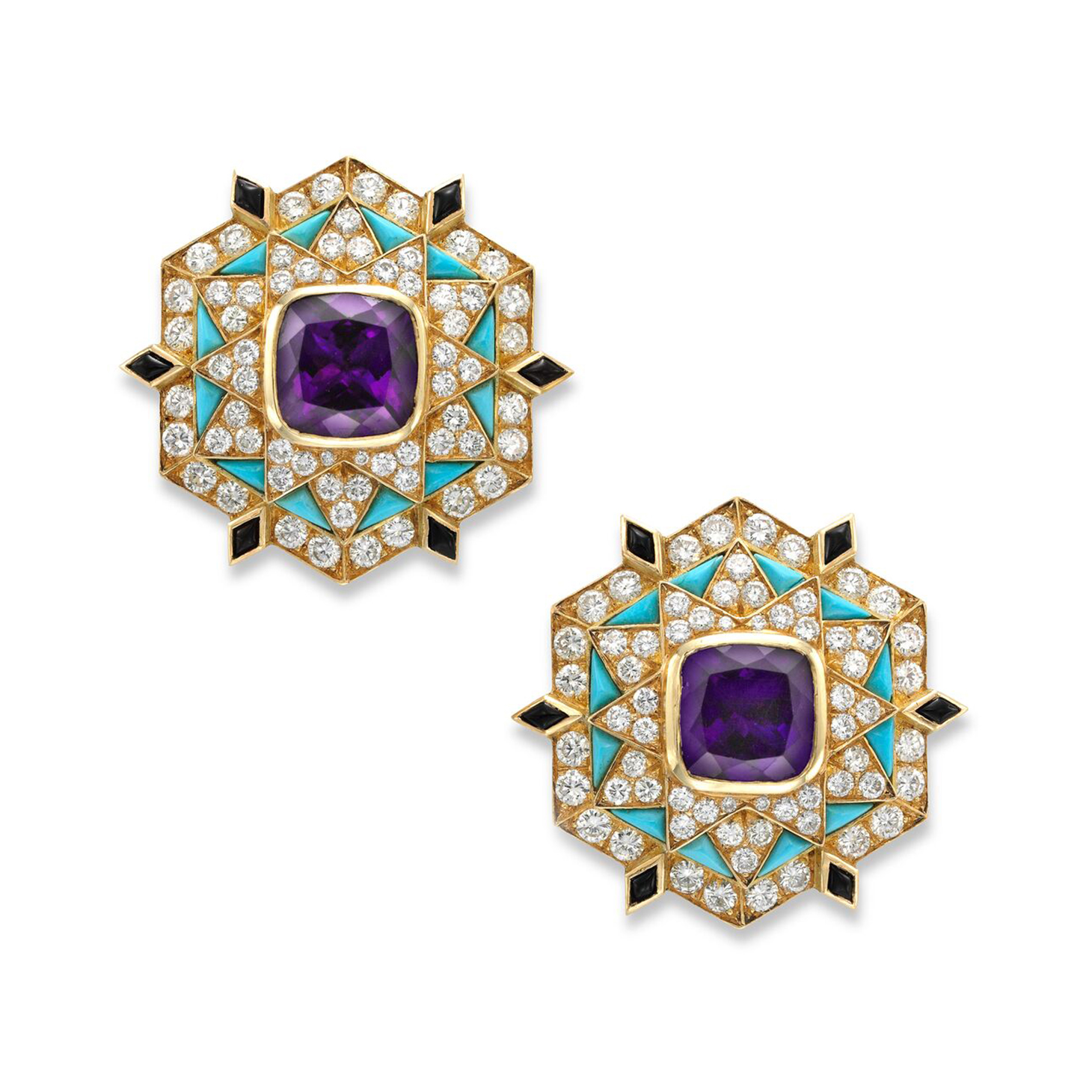 A Pair of Amethyst, Onyx, Turquoise and Diamond Ear Clips, by Bulgari, circa 1960