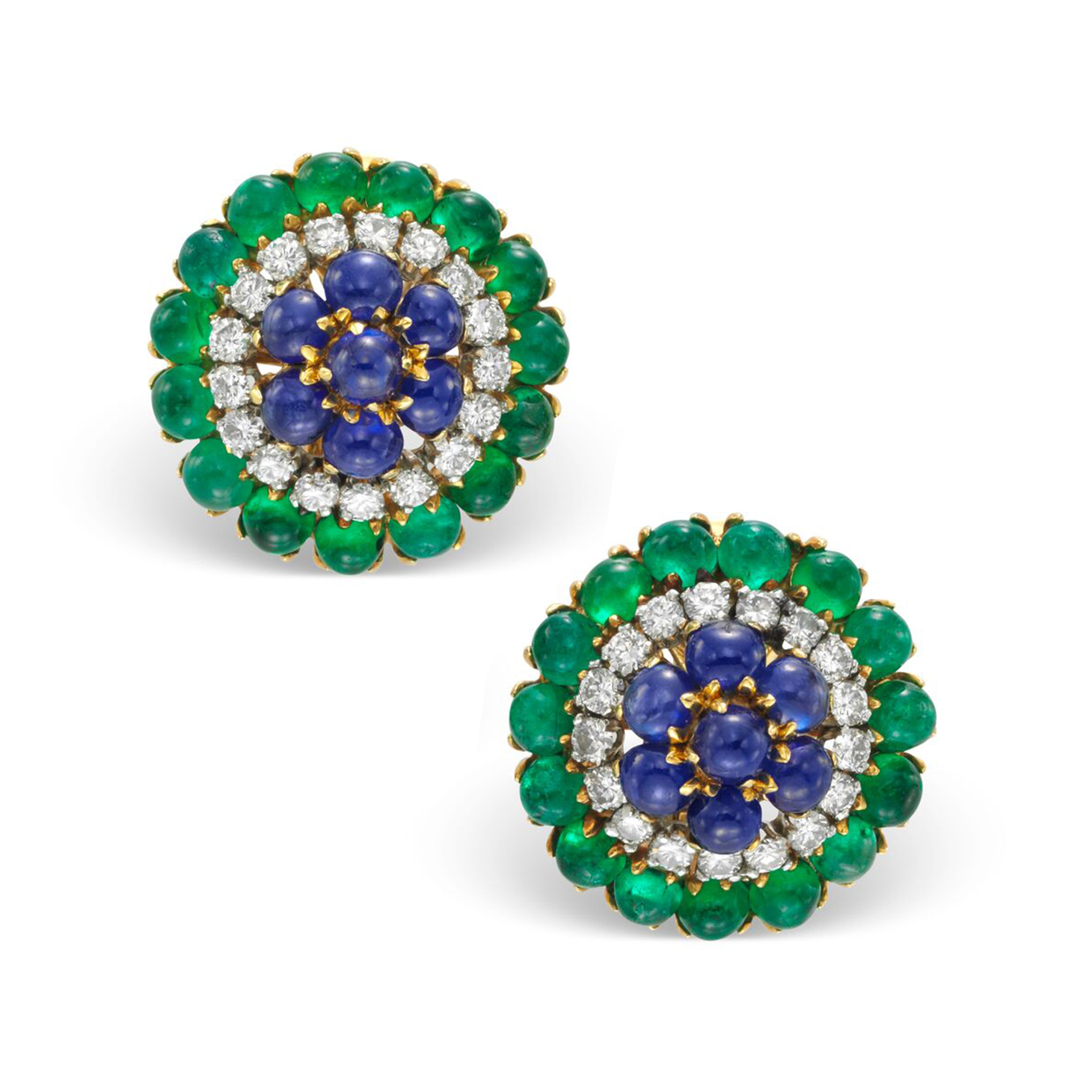 A Pair of Emerald, Sapphire and Diamond Ear Clips, by Bulgari, circa 1960