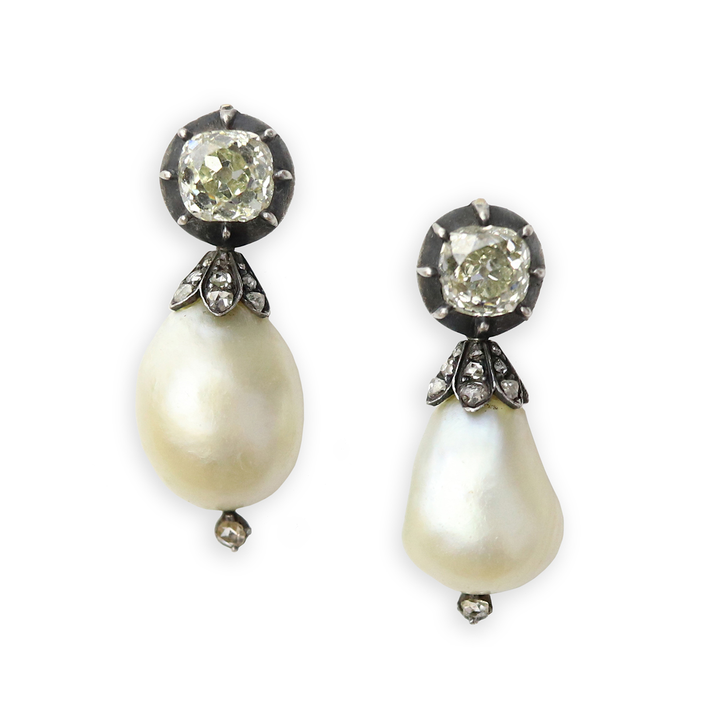 An Antique Pair of Natural Pearl and Diamond Ear Pendants