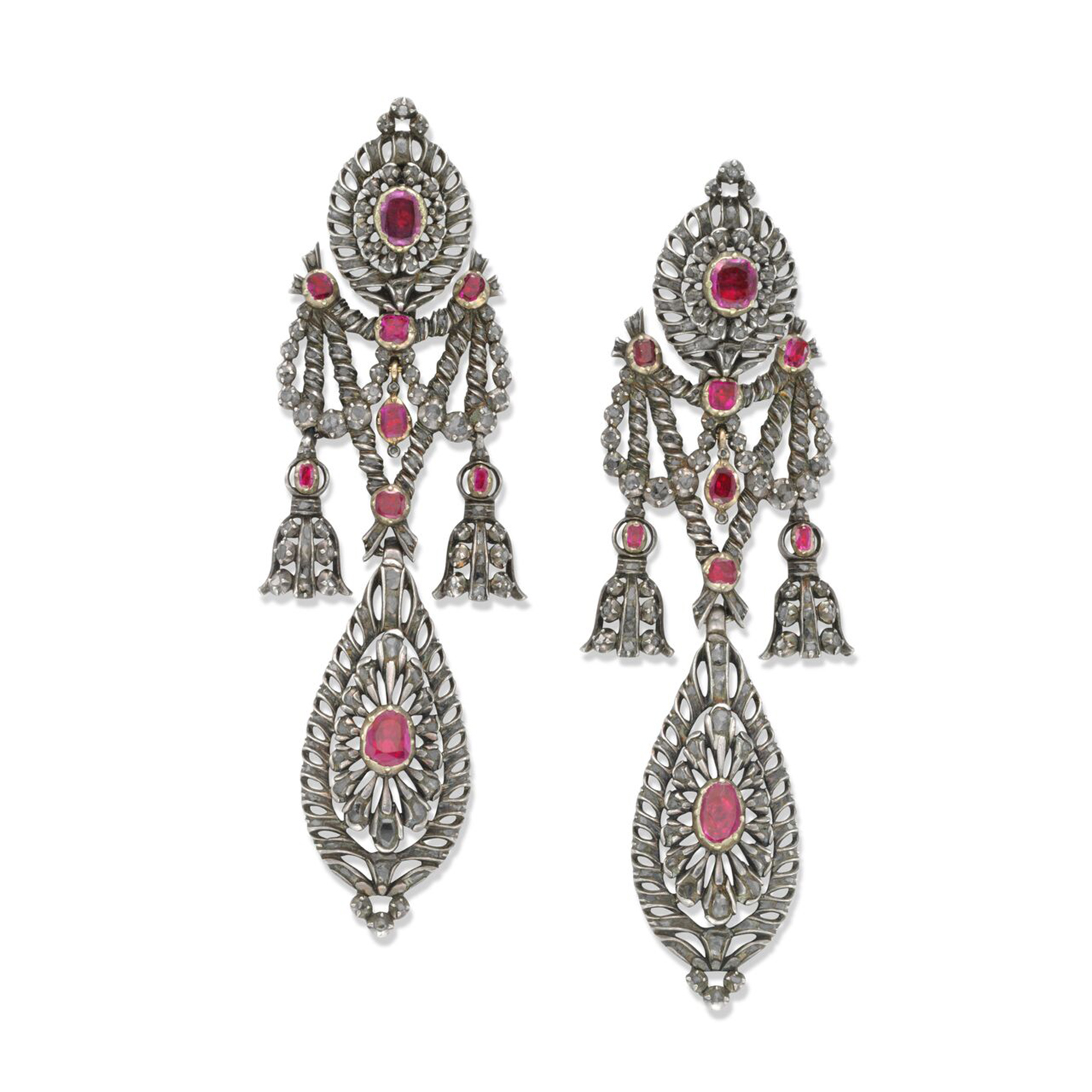 A Pair of Iberian Ruby and Diamond Ear Pendants, circa 1835