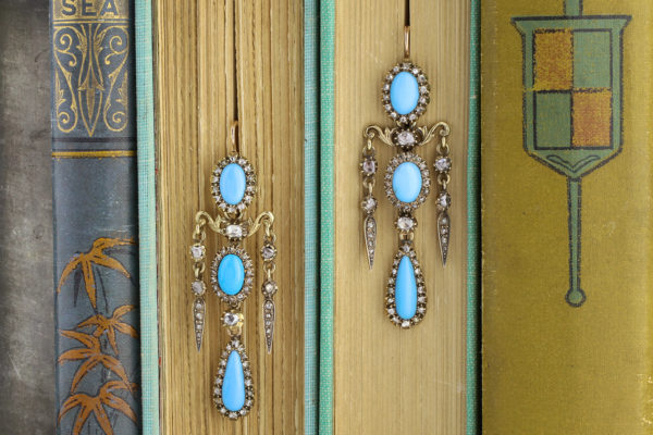 Antique Turquoise And Diamond Chandelier Ear Pendants
