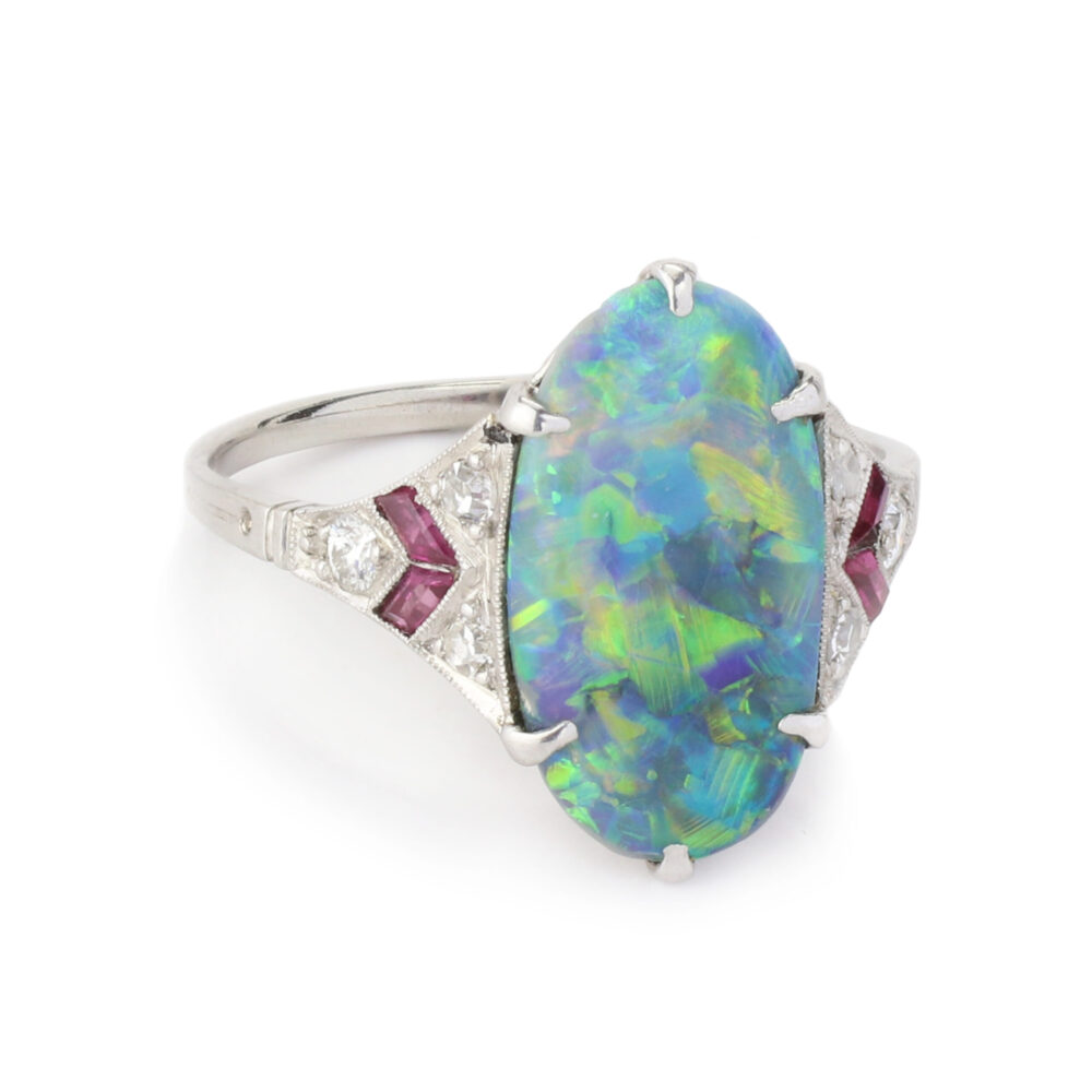 Art Deco Opal, Ruby and Diamond Ring