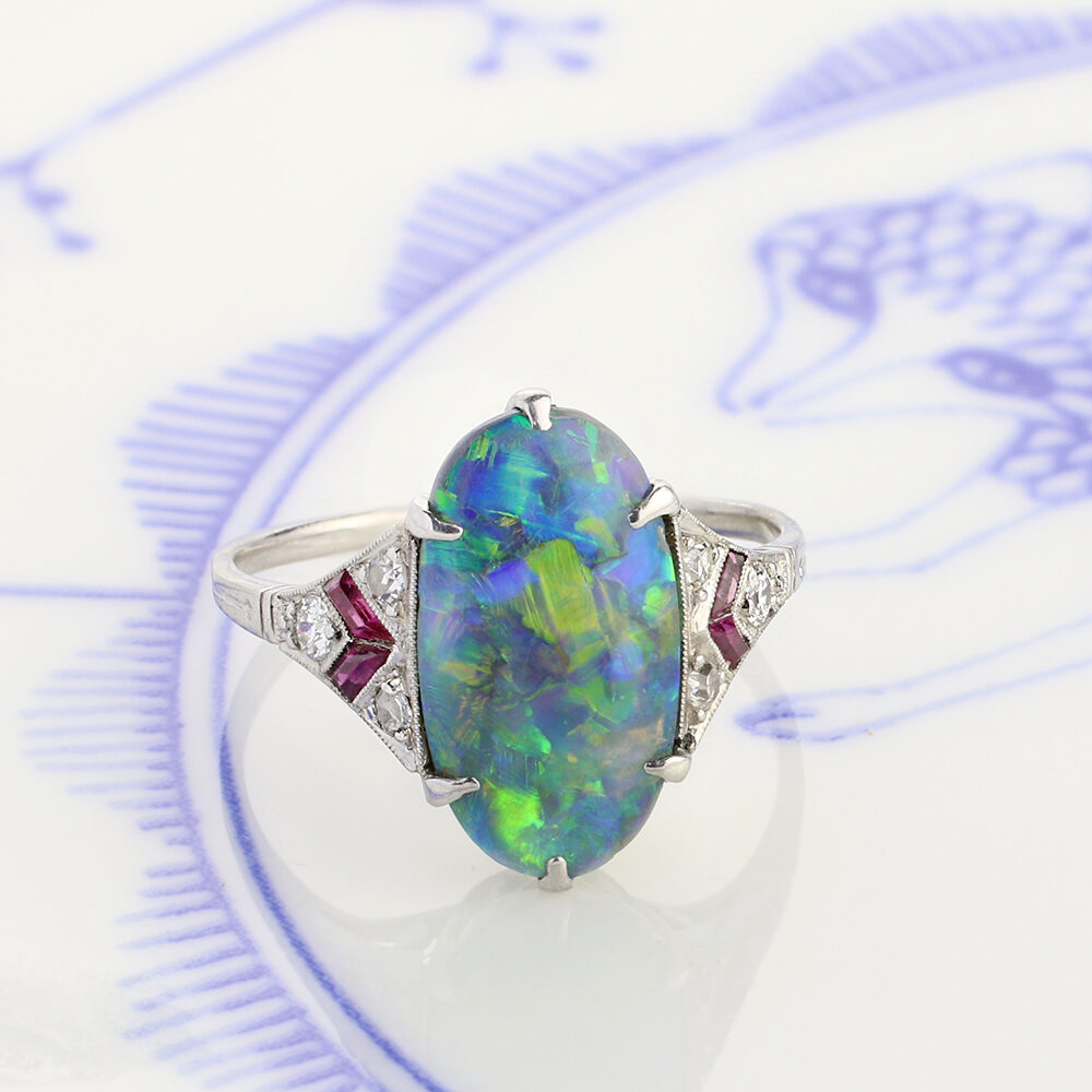 Art Deco Opal, Ruby and Diamond Ring