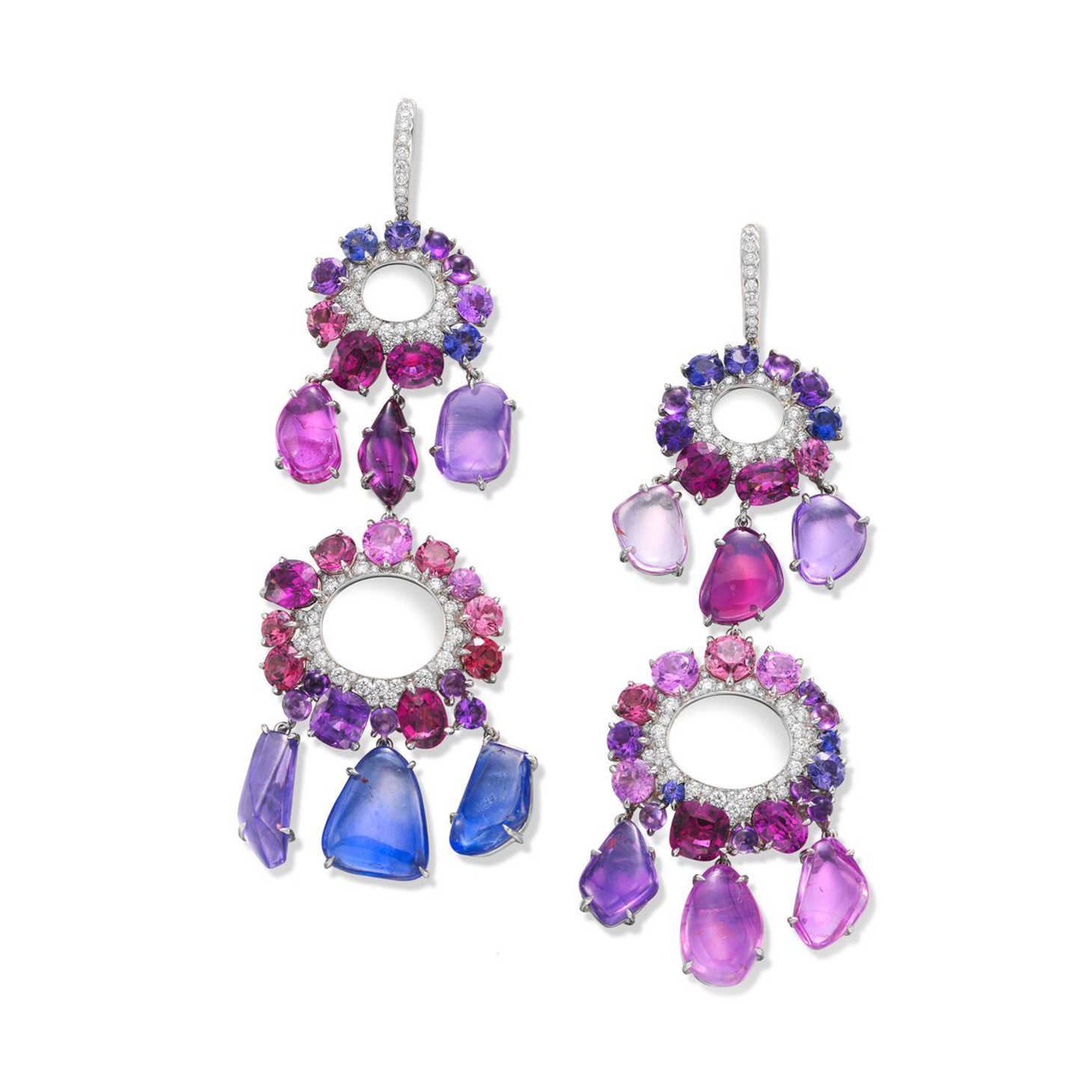 A Pair of Sapphire, Pink Spinel, Garnet, Amethyst and Diamond Ear Pendants, by SABBA